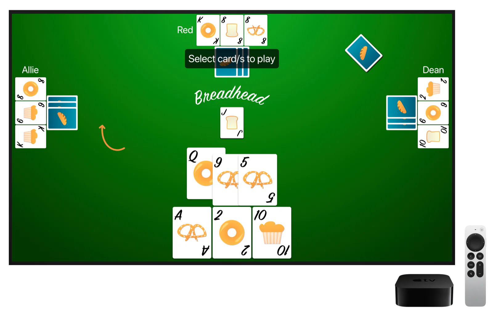 Breadhead card game in progress on Apple TV with the Apple TV 4K and Siri Remote