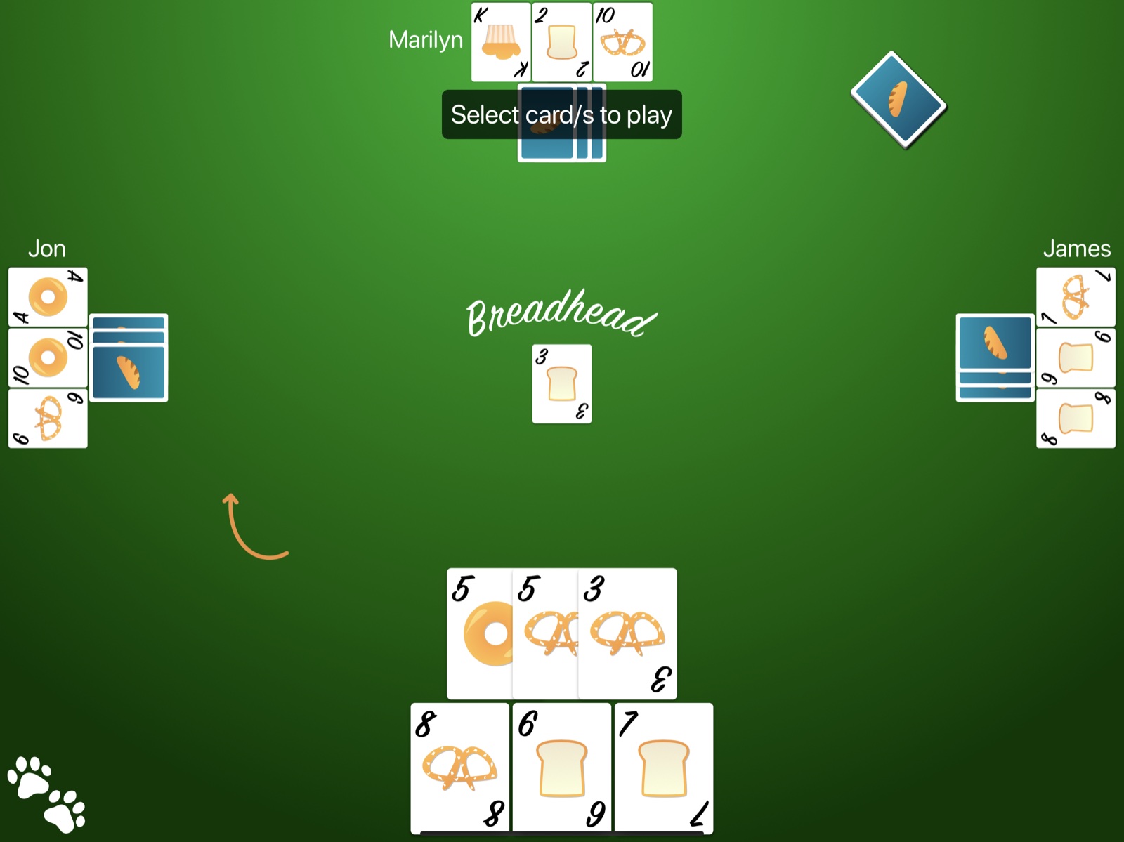 Breadhead card game in progress on iPad
