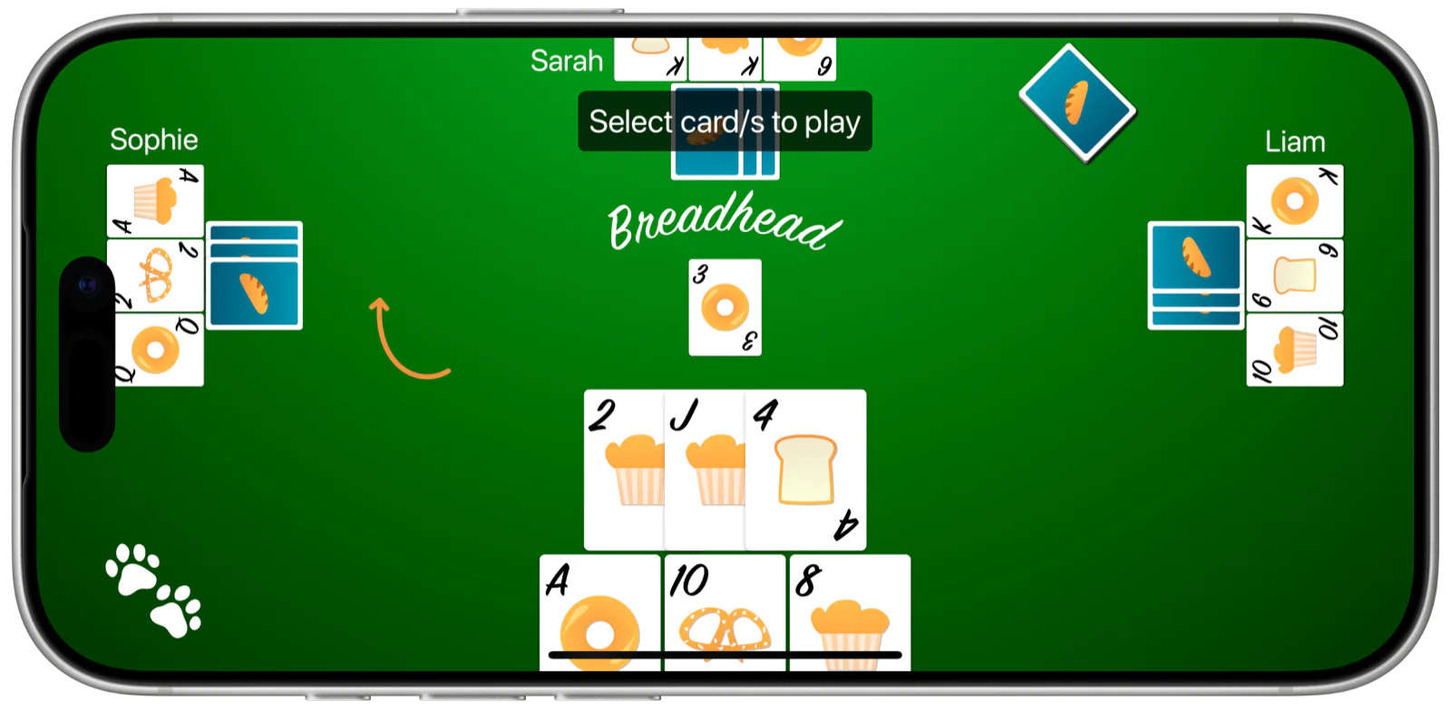 Breadhead card game in progress on a silver iPhone 17 Pro