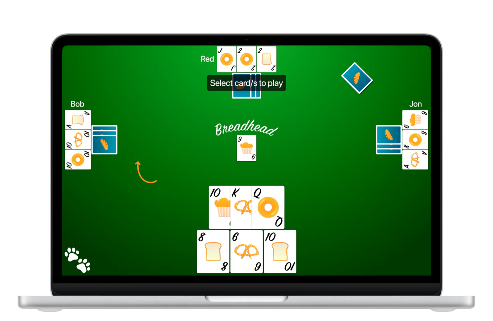 Breadhead card game in progress on a silver MacBook Neo
