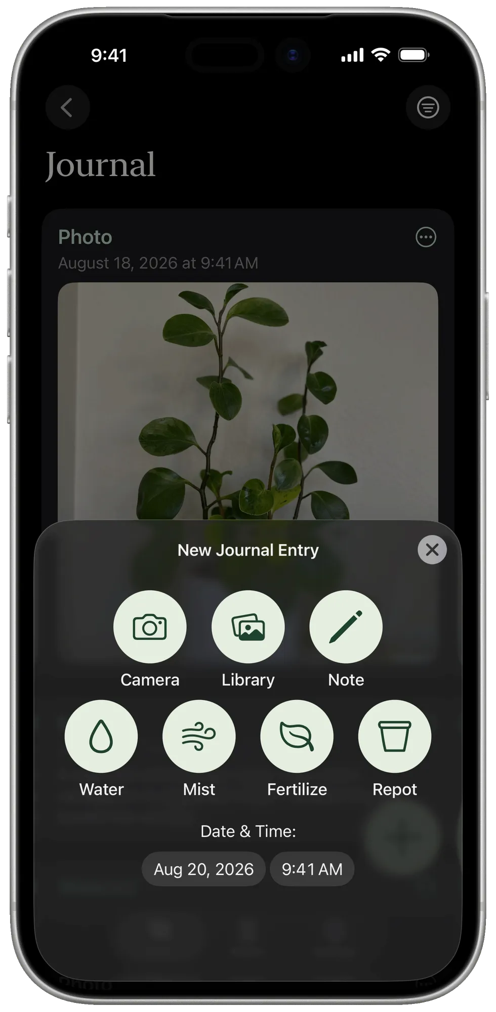 Plantminder new journal entry options for plant care on iPhone