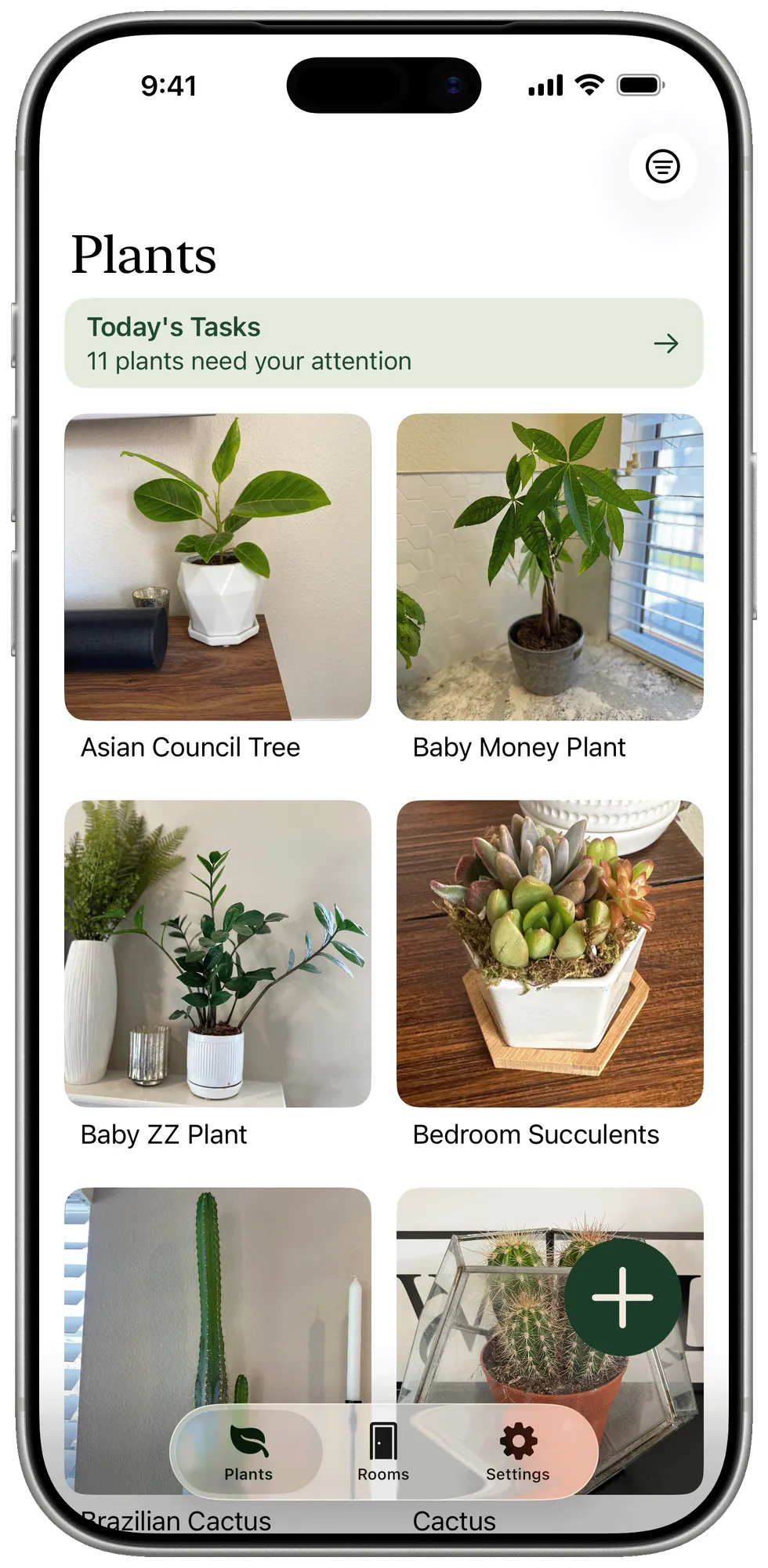 Plantminder home screen showing plants and today’s tasks on iPhone