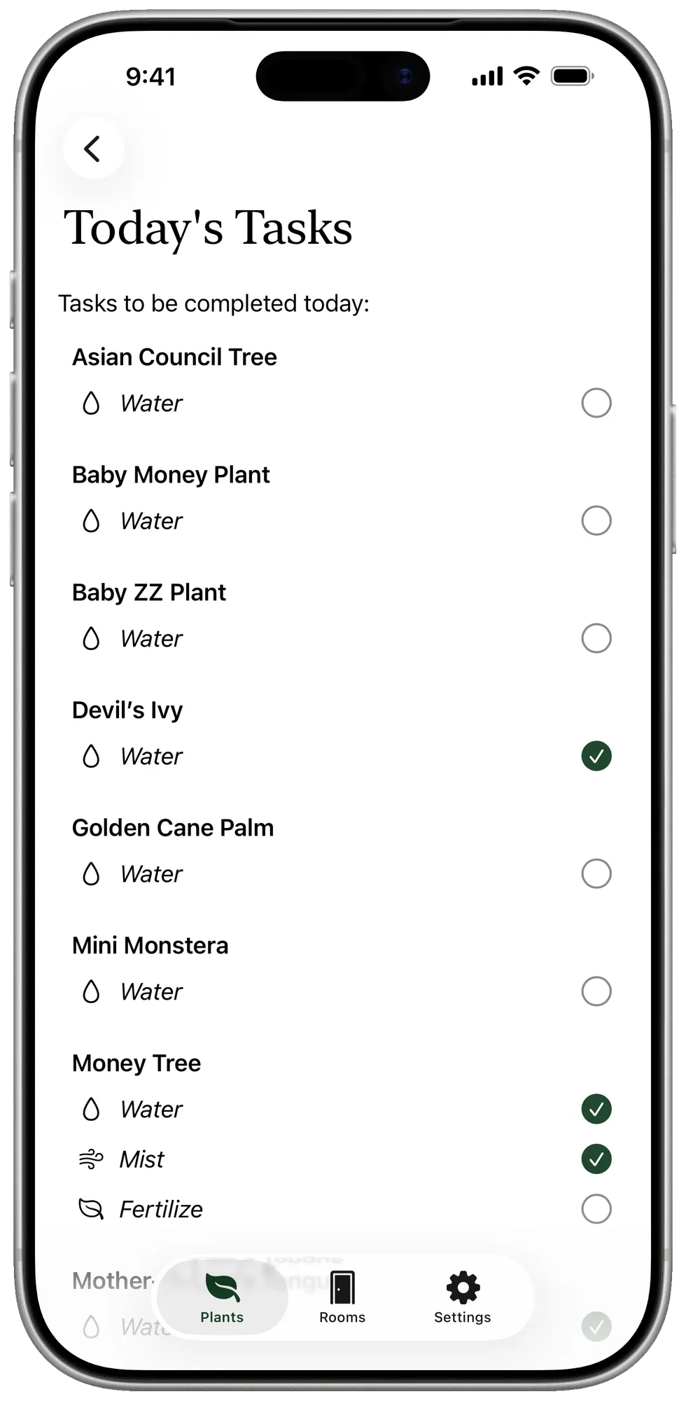 Plantminder list of watering and care tasks for today on iPhone