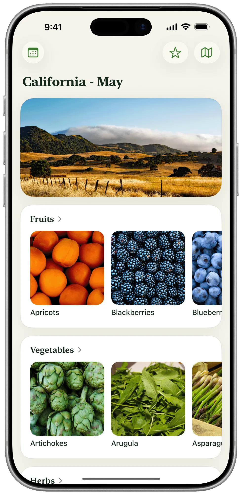 Season Eats showing seasonal fruits, vegetables, and herbs in California on iPhone