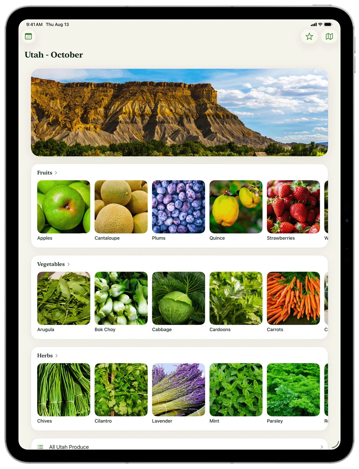 Season Eats showing seasonal produce in Utah on iPad
