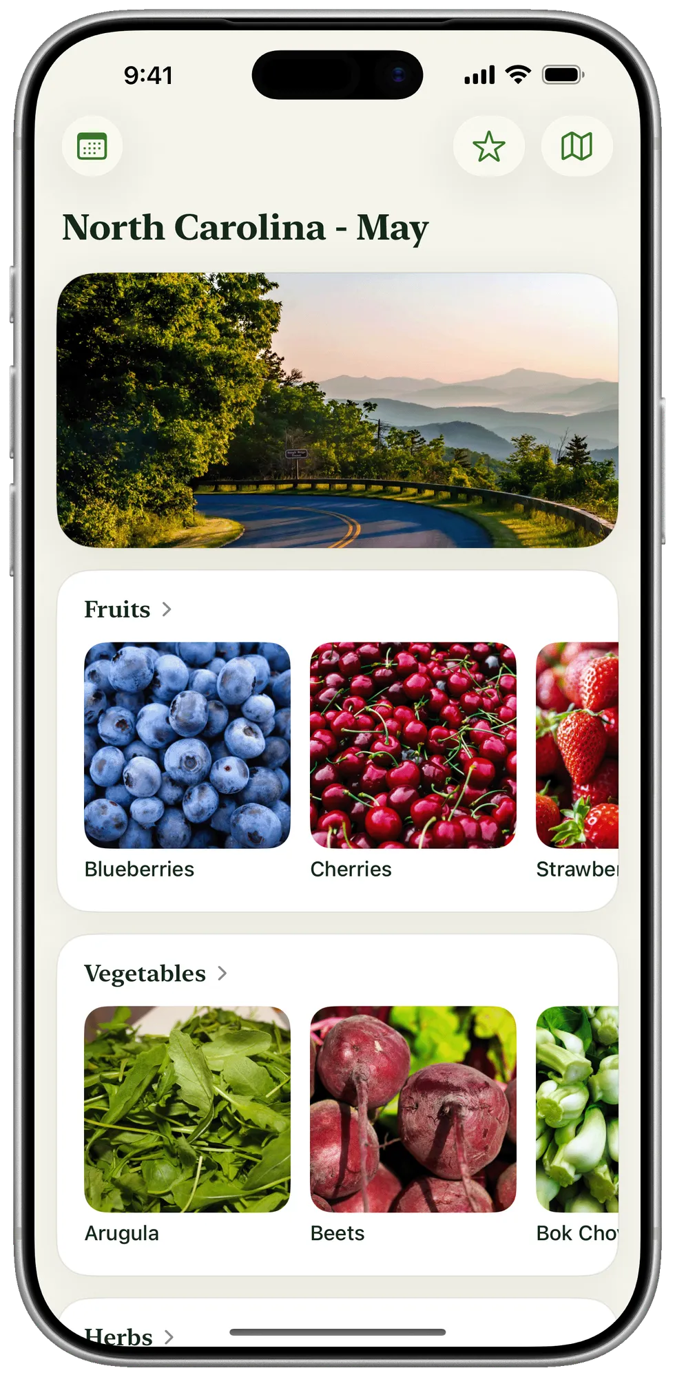 Season Eats showing seasonal fruits, vegetables, and herbs in North Carolina on iPhone