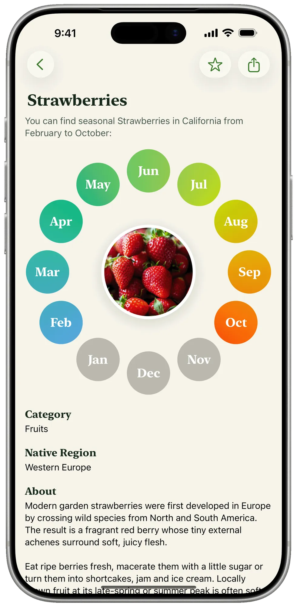 Season Eats showing the months when strawberries are in season in California on iPhone